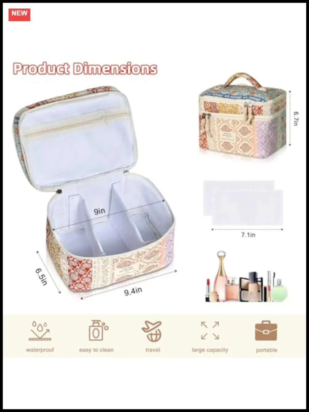 Quilted Cotton Cosmetic Bag Large Capacity Travel Makeup Organizer with Zipper